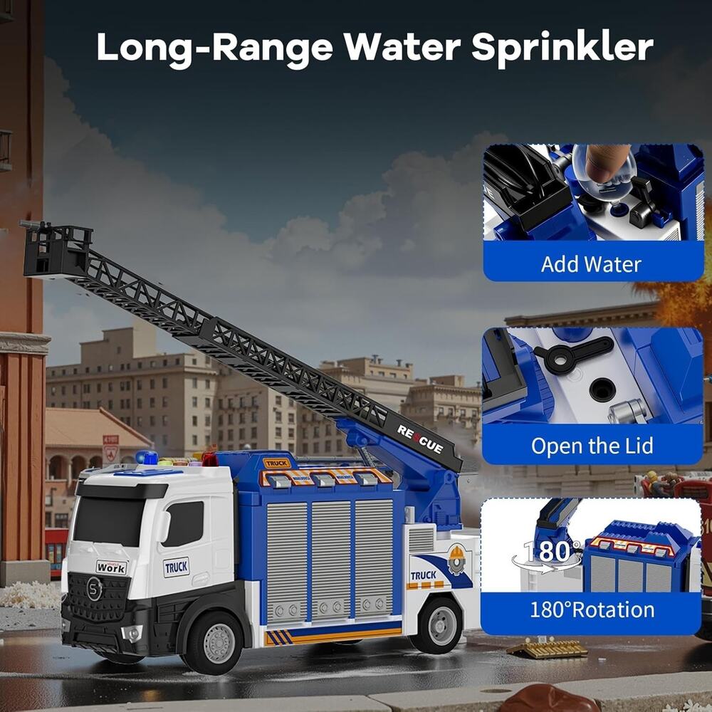 3-In-1 Large Fire Truck Toy with Garage & 6 Cars, Water Pump, Extendable Ladder, - Picture 6 of 7